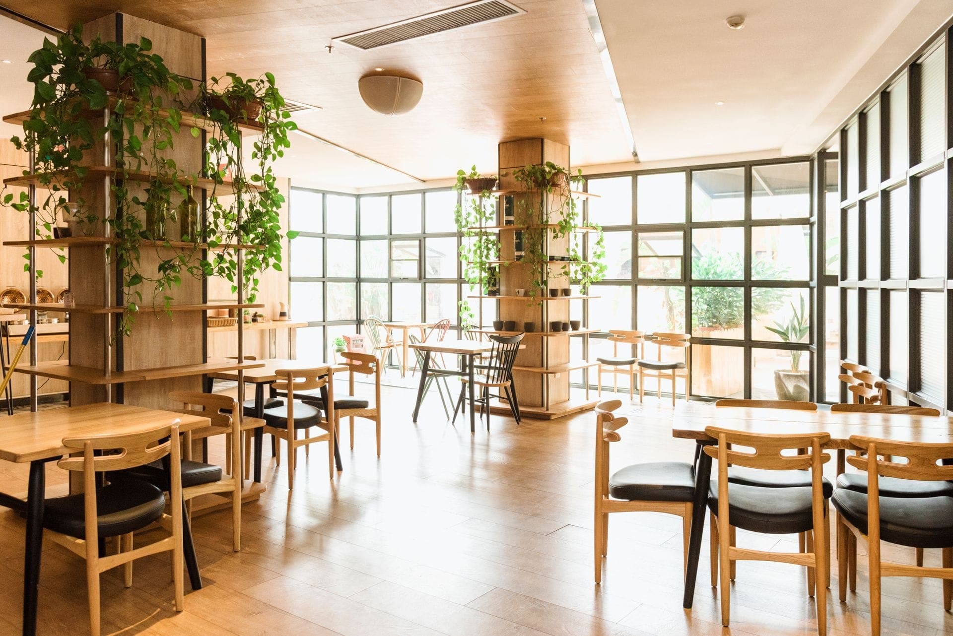 Renovated restaurant dining room with natural wood finishes