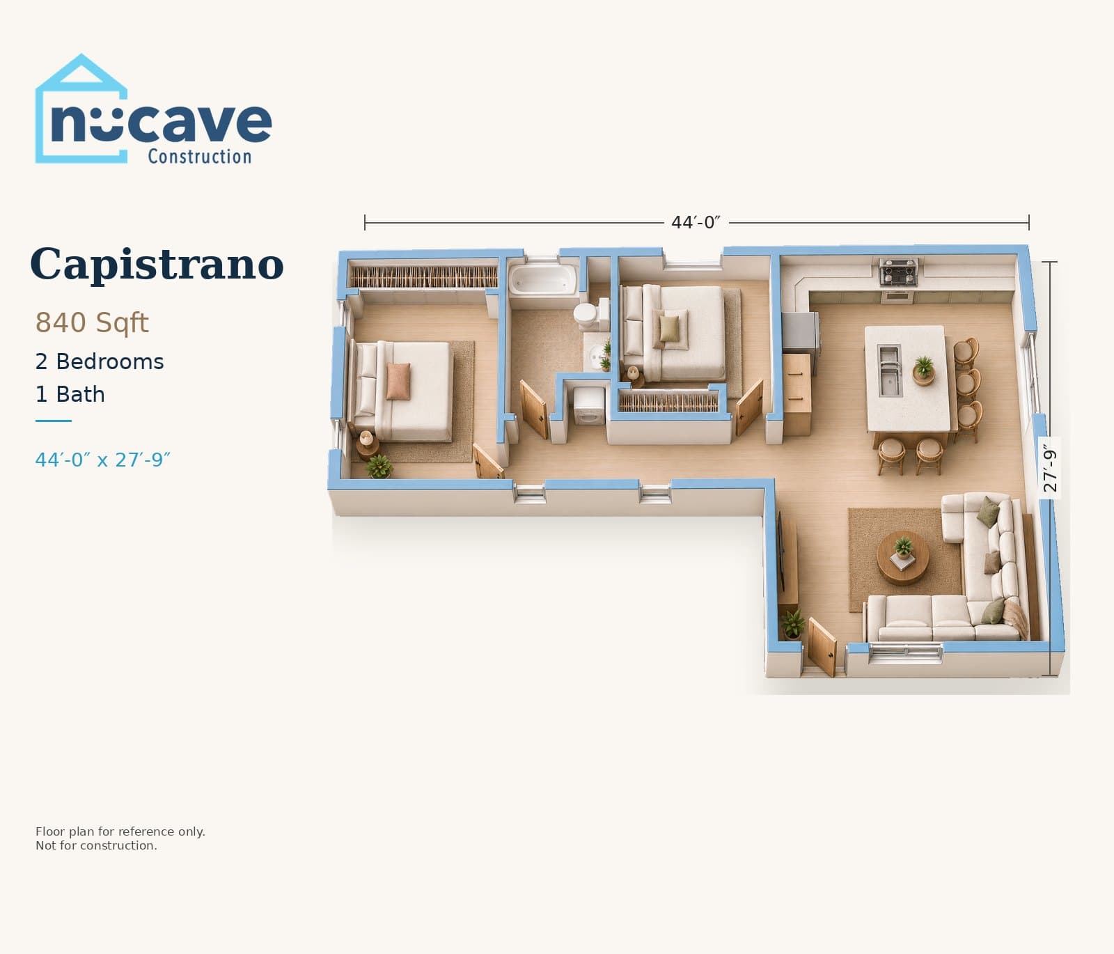 Capistrano ADU floor plan: 2 bedroom, 1 bath, 840 sq ft