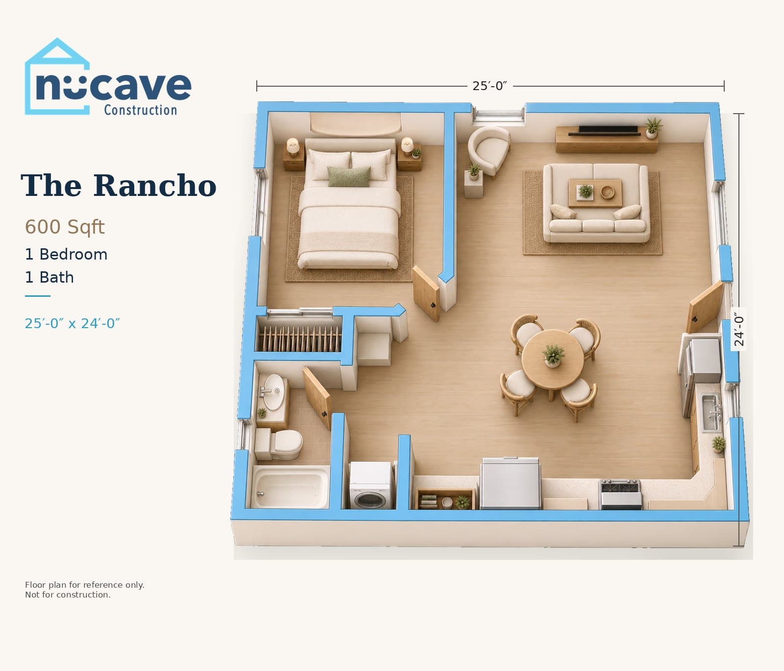 The Rancho ADU floor plan: 1 bedroom, 1 bath, 600 sq ft